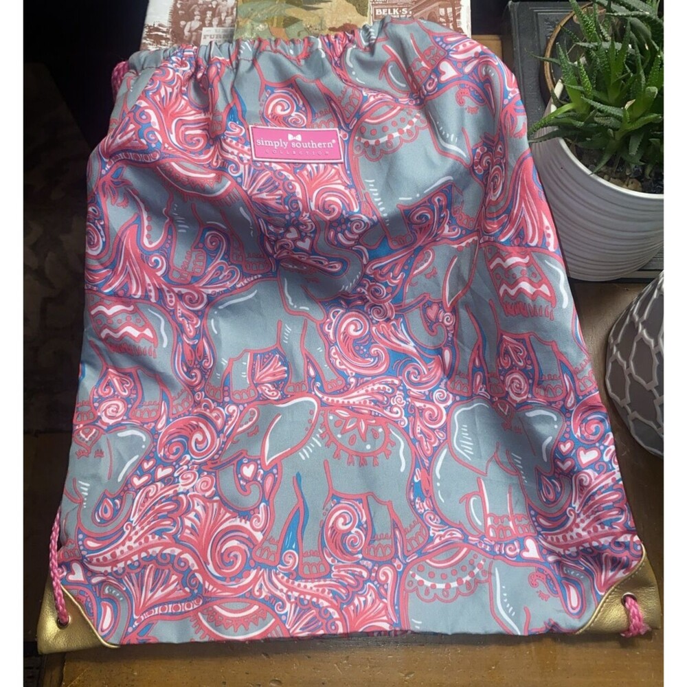 SIMPLY SOUTHERN Nylon Drawstring Backpack Bag-Pink/Blue/Gray-Elephant Print